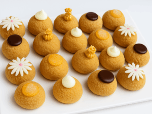 Mini Choux à la Crème – Finitions Créatives Assortiment de mini choux à la crème avec décorations originales – Deluxe Traiteur