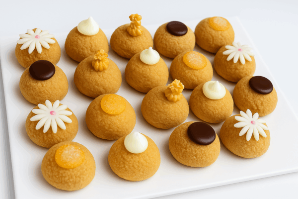 Assortiment de mini choux à la crème avec décorations originales – Deluxe Traiteur