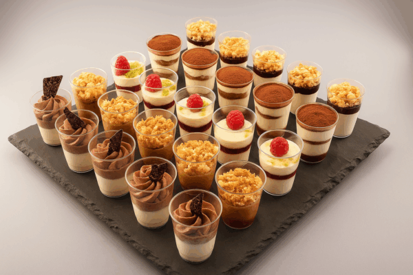 Assortiment de verrines sucrées maison pour cocktails et événements – Deluxe Traiteur