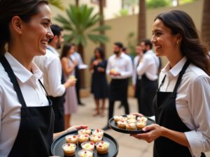 Service traiteur continu avec bouchées, boissons et maître d’hôtel