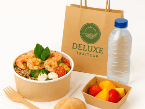 Lunchbox gambas au pesto, riz thaï, légumes grillés et mozzarella