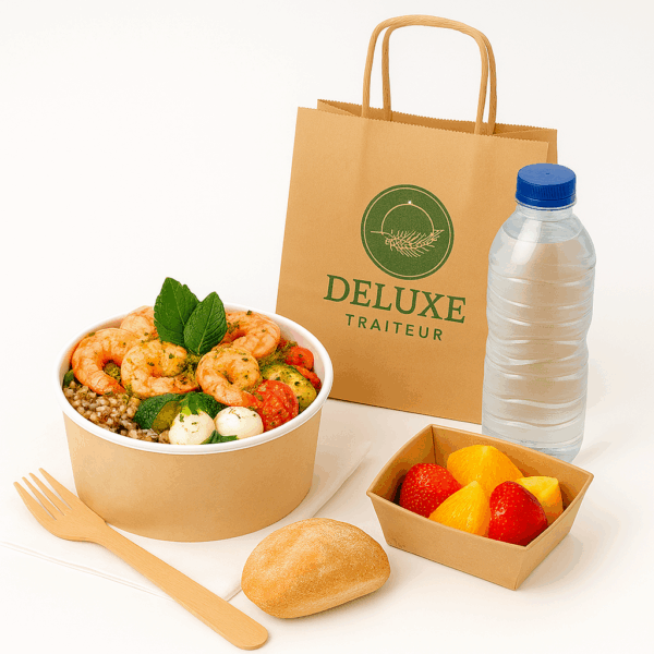 Lunchbox gambas au pesto, riz thaï, légumes grillés et mozzarella
