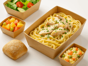 lunchbox-poulet-creme-salade-russe2 Formule déjeuner complète avec tagliatelles au poulet, salade russe, pain, fruits de saison et eau. Idéal pour entreprises à Tunis. Fait maison, emballage refermable écoresponsable.