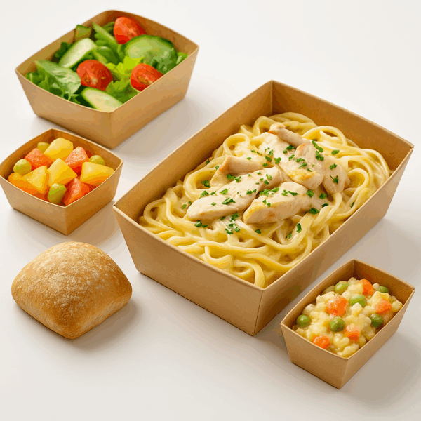 Formule déjeuner complète avec tagliatelles au poulet, salade russe, pain, fruits de saison et eau. Idéal pour entreprises à Tunis. Fait maison, emballage refermable écoresponsable.