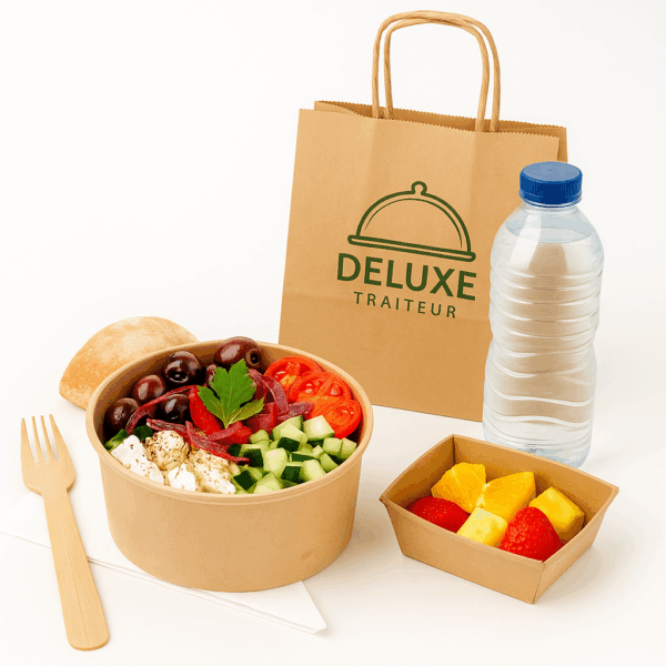 Lunchbox salade grecque à la féta, légumes frais, bourghol et pain maison