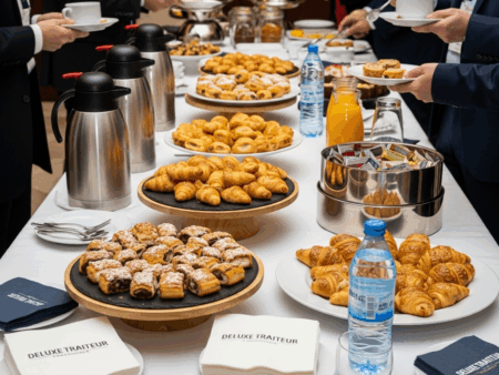 Pause Café Gourmande Sucrée pour entreprise à Tunis avec café, thé, jus, viennoiseries et mini gâteau maison