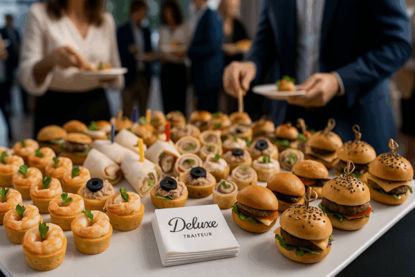 Plateau bouchées cocktail personnalisables – crevettes, wraps, burgers, thon, fromage
