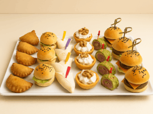 Plateau Mini Bouchées Salées – Collection Prestige Plateau de mini bouchées salées Deluxe : bricks, burgers, wraps, quiches