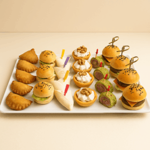 Plateau de mini bouchées salées Deluxe : bricks, burgers, wraps, quiches