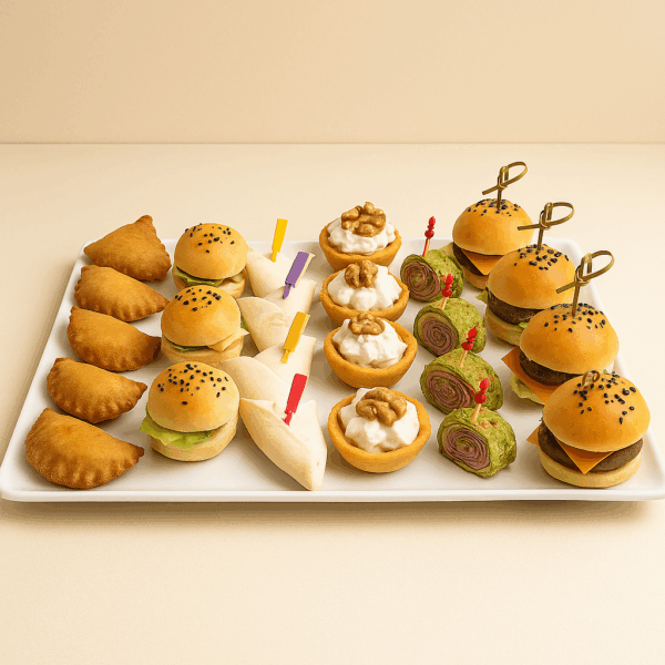 Plateau de mini bouchées salées Deluxe : bricks, burgers, wraps, quiches
