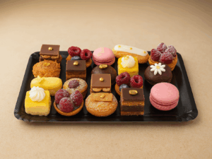 Plateau de mini pâtisseries prestige – Macarons, tartes fruits, opéra, chocolat – Deluxe Traiteur