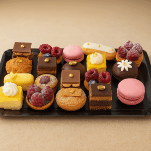 Plateau de mini pâtisseries prestige – Macarons, tartes fruits, opéra, chocolat – Deluxe Traiteur