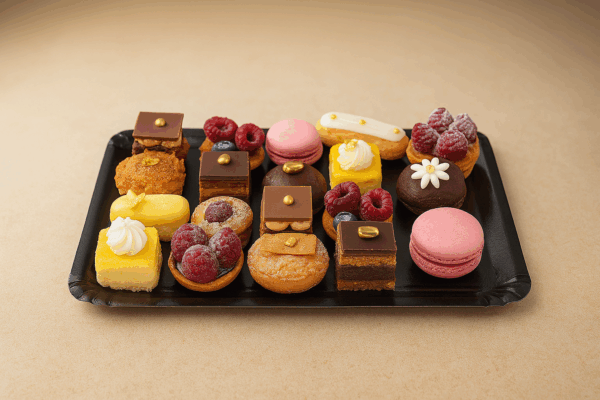Plateau de mini pâtisseries prestige – Macarons, tartes fruits, opéra, chocolat – Deluxe Traiteur
