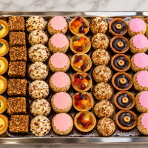 Plateau argenté de mini-tartelettes et mignardises sucrées pour la pause café Gourmande Mixte