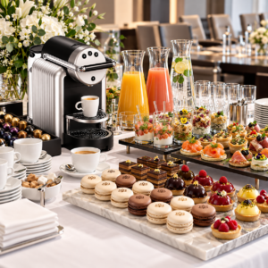 Pause café VIP Executive à Tunis : machine à café capsule, tasses en porcelaine, jus et mignardises sucrées