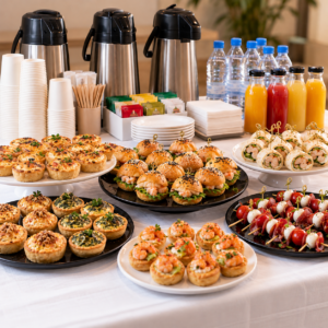 Pause café Premium Salée à Tunis : bouchées salées raffinées, quiches et brochettes avec thermos de café et jus
