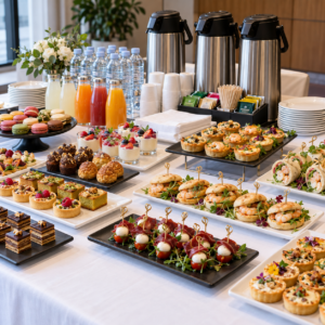 Pause café Premium Mixte à Tunis : bouchées salées raffinées et mignardises sucrées avec boissons chaudes et jus