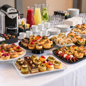 Pause café VIP Prestige à Tunis : machine à café capsule, carafes de jus, verrines et assortiment de mignardises