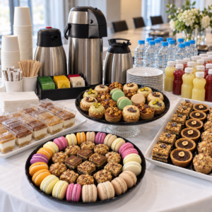 Pause café Premium Sucrée à Tunis : macarons, mini-pâtisseries et tartelettes avec thermos de café et jus