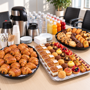Pause café Gourmande Sucrée à Tunis : mini-croissants, mini-pâtisseries et cookies avec thermos de café et jus