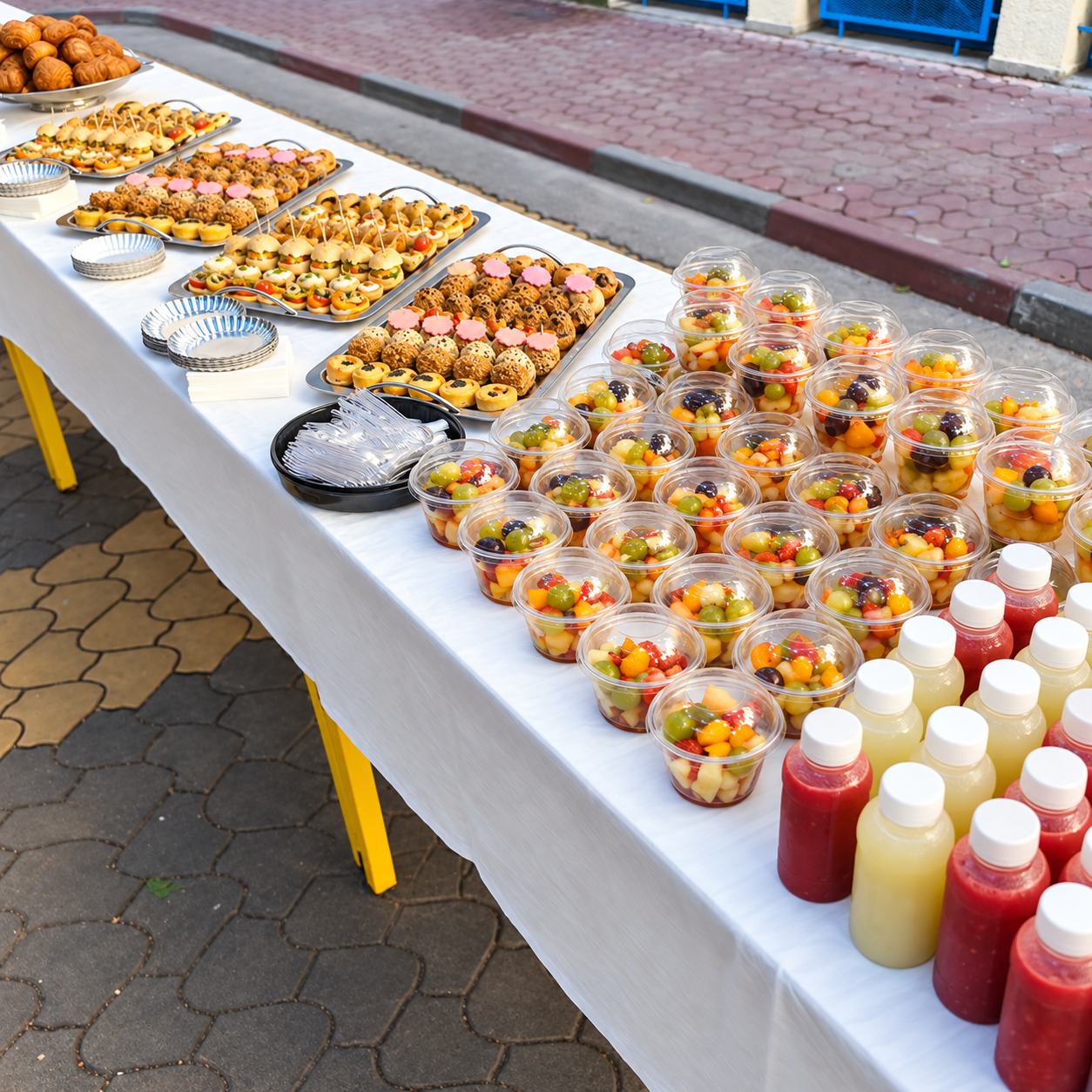 Buffet de pause café en extérieur : bouchées salées, verrines de fruits et jus, formule Gourmande Généreuse