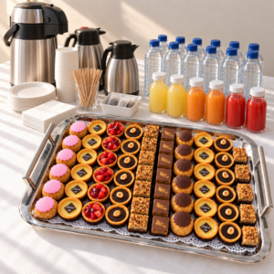 Buffet gourmand et pause-café ensoleillée Pause café sucrée : plateau de tartelettes aux fruits et mignardises, thermos de café, jus et eau