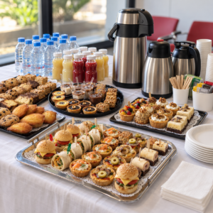 Pause café Gourmande Mixte à Tunis : mini-burgers, wraps, bouchées salées et douceurs sucrées avec thermos et jus