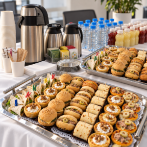 Pause café Gourmande Salée à Tunis : mini-sandwichs, mini-burgers et quiches sur plateaux avec boissons chaudes et jus