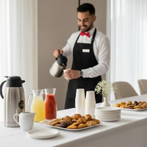 Buffet traiteur pause café essentielle entreprise à Tunis avec 3 douceurs par personne, café 100% Arabica, citronnade et service clé en main - Deluxe Traiteur