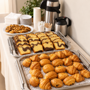Plateaux de cakes marbrés, croissants et pains au chocolat avec thermos de café pour une pause café en entreprise