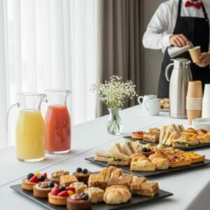 Buffet traiteur pause café professionnelle après-midi à Tunis avec 3 pièces sucrées, 3 pièces salées, café 100% Arabica, thé à la menthe et service clé en main - Deluxe Traiteur