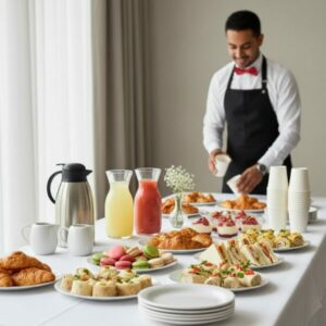 Buffet traiteur pause café sucrée salée à Tunis avec 4 pièces sucrées et 3 pièces salées, café 100% Arabica, citronnade et service clé en main - Deluxe Traiteur