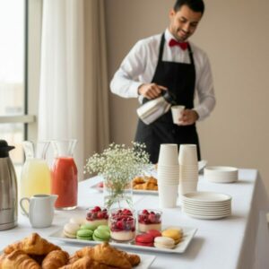 Buffet traiteur pause café sucrée pour entreprise à Tunis avec 5 mignardises haute pâtisserie, café 100% Arabica, citronnade et service clé en main - Deluxe Traiteur