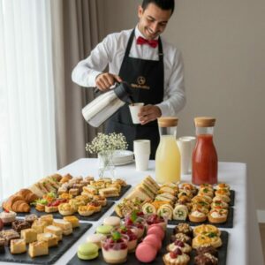 Buffet traiteur pause café gourmande entreprise à Tunis avec 4 pièces sucrées, brochette de fruits, 4 salés, café 100% Arabica, thé à la menthe et service - Deluxe Traiteur