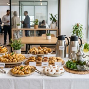 Buffet traiteur pause café tunisienne entreprise à Tunis avec pâtisseries traditionnelles, fricassés, bricks danouni, café 100% Arabica et thé à la menthe - Deluxe Traiteur