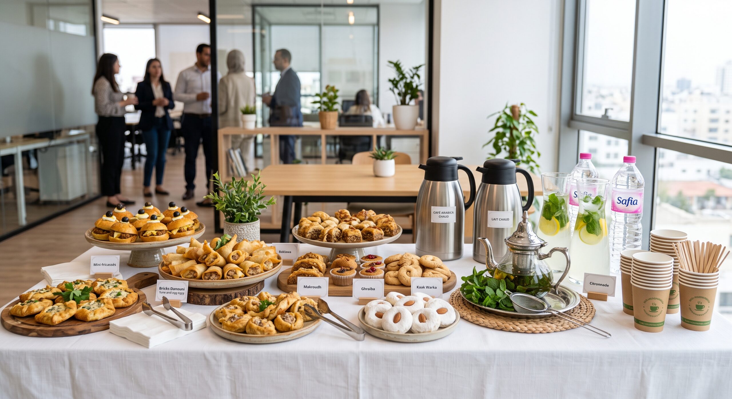 Buffet traiteur pause café tunisienne entreprise à Tunis avec pâtisseries traditionnelles, fricassés, bricks danouni, café 100% Arabica et thé à la menthe - Deluxe Traiteur